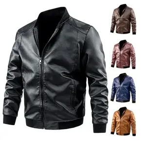 Men’s leather motorcycle jacket, men’s leather coat, spring/autumn casual Korean-style leather jacket, beige long-sleeve men’s clothing