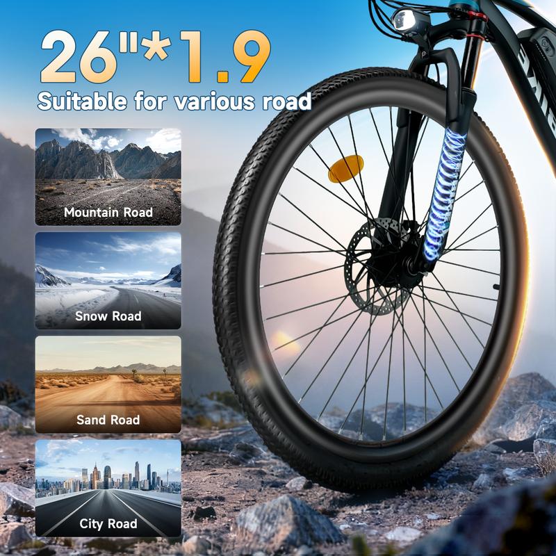 26 Inch Electric Bike, Peak 1500W Motor E-Bike, 28MPH Top Speed, 50-mile range Commuter-style Electric Bicycle, 576Wh battery, 7-speed shifting Front suspension Electric Mountain Bike