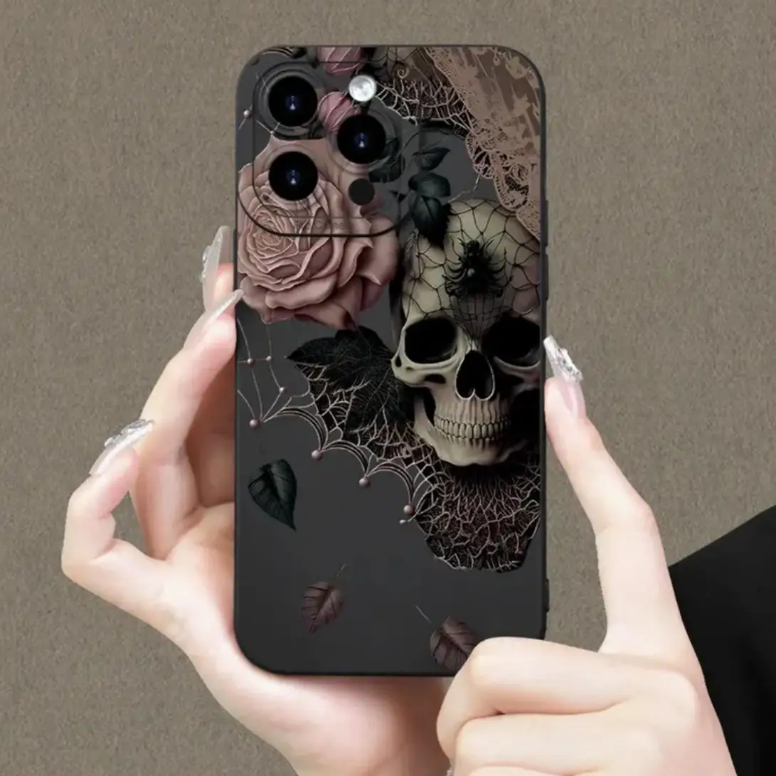 Skull & Flower Pattern Phone Case, Full Coverage Lens Phone Protective Cover, Phone Accessories Compatible with iPhone 11 12 13 14 15 Pro Max, Boyfrie