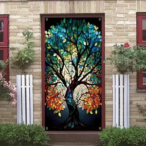 Tree Of Life Pattern Door Curtain, Colorful Leaves Door Banner, Indoor Outdoor Decorative Door Curtain with Lanyard, Gifts for Family Friends