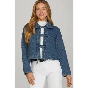 LONG SLEEVE RUFFLE COLLAR QUILTED DENIM TIE FRONT JACKET