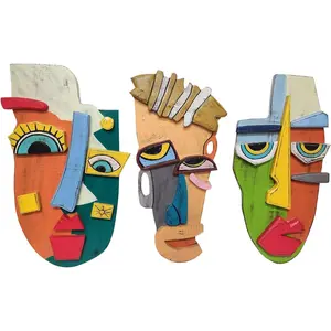 WorldBazzar 3 Pc Abstract MASK African Hand Carved Wooden Tribal Tiki MASK Wall Decor FACE Cubist Picasso