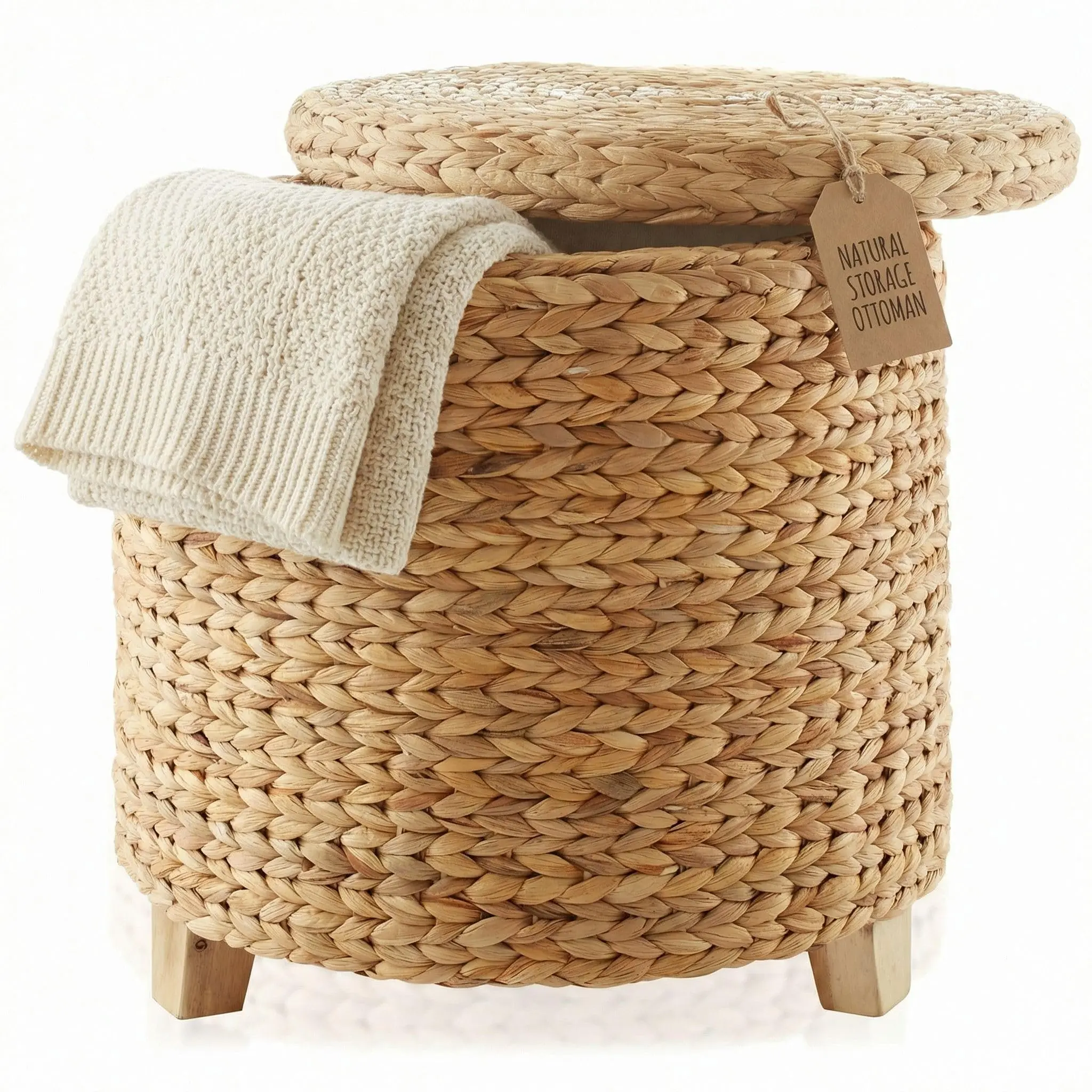 DEILSY Natural Water Hyacinth Round Storage Ottoman with Removable Lid, Fabric Liner & Wooden Feet – Handwoven Footstool Ottoman for Living Room, Bedroom & Entryway