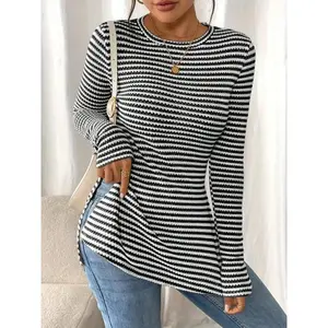Elegant French-Style Women’s Striped Long-Sleeve T-Shirt, Split Hem, Crew Neck, Slim Fit Design, Fashion Textured Fabric Top