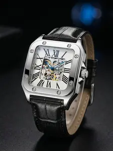 A men's square silver frame black leather strap Roman numeral skeleton mechanical fashion watch Fashionable Wristwatch