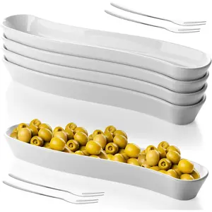 4 Olive Boat Trays with 4 Stainless Steel Forks 12" Long Arc Shape Serving Dishes Ceramic Appetizer Trays Charcuterie Board Accessories for Olives Entertaining Dishwasher Microwave Safe