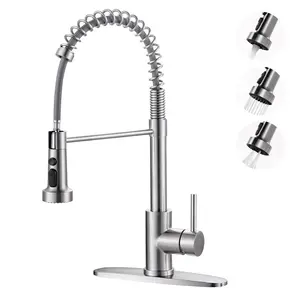WOWOW Modern Single-Handle High Arc Pull-Down Pull-Out Sprayer Kitchen Faucet, 3 Spray Modes, Stainless. Stainless Steel Brushed Nickel Finish, Pull Out Faucet