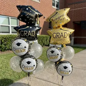 12pcs Graduation Party Balloon Set, Dual Layer Caps, 18-Inch Foil Balloons, 12-Inch Gold Print Latex Balloons, Class of 2026