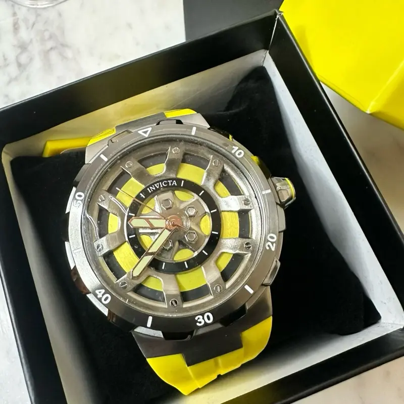Invicta Racing 49443 Skeleton Dial Yellow Strap 46mm Quartz Watch Men NEW