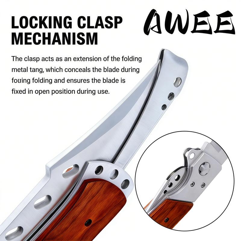 Long Blade Folding Knife - Sharp EDC Tactical Knife for Hunting Hiking Camping Survival | Rosewood Handle, Father's Day Gift for Men