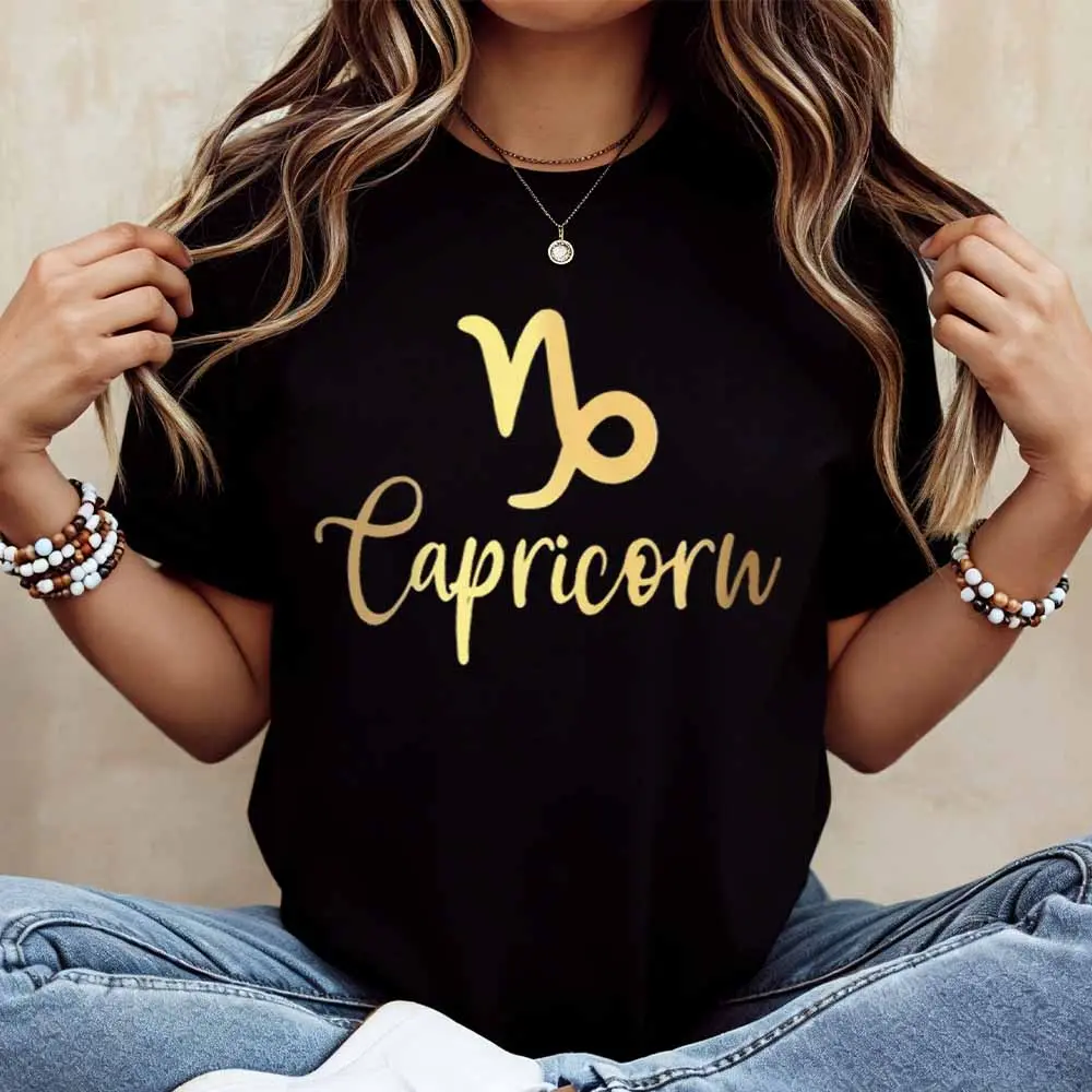 Capricorn Zodiac Sign Print T Shirt White Casual Loose Fit Tee For Women Perfect For Everyday Wear And Leisure Activities
