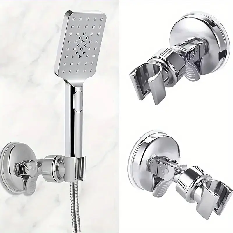 Drill-Free Chrome Polished Shower Head Mount Bracket, Removable Suction Cup & Adhesive Sticky Pad Adjustable Shower Head Holder for Bathroom Use