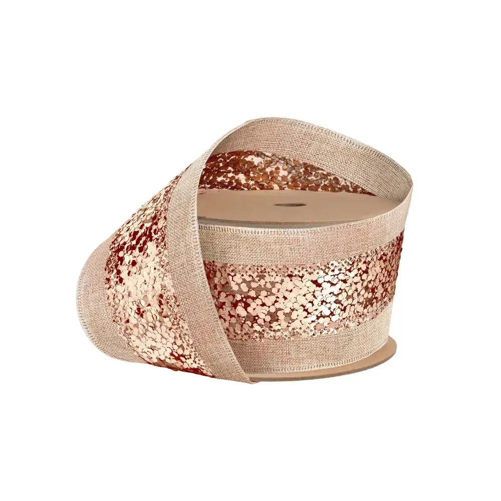 2 1/2" Wired Ribbon | "Metallic Striped" Natural/Bronze | 10 Yard Roll