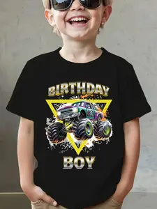 Boys' Cotton Short-Sleeved Birthday Graphic T-Shirt, Monster Truck Themed with Bold Slogan, Soft Cotton Fabric, Medium Stretch for Birthday Boys Cartoon Print Tee
