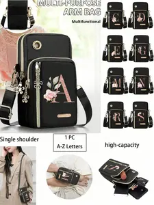 Women's Rose Gold Letter Print Mini Crossbody Shoulder Bag, Fashion Crossbody Handbag, Fashionable Unique Bags, Casual Vertical Wallet, Sporty Wristlet with Earphone Hole, Ideal for Work & Office