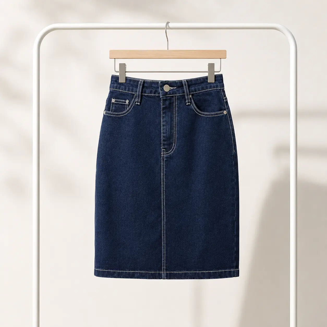 Women’s High Waisted Denim Midi Skirt, Dark Blue Knee Length Jean Skirt with Pockets, Straight Fit Denim Skirt, Button Zip Closure Back Slit Casual Work Office Skirt for Women
