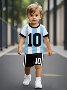 Cute Toddler Soccer Fan, Blue Striped Argentina Team Jersey + Number 10, Soccer Shorts, Sporty Short Sleeve Set, Kids Soccer Kit