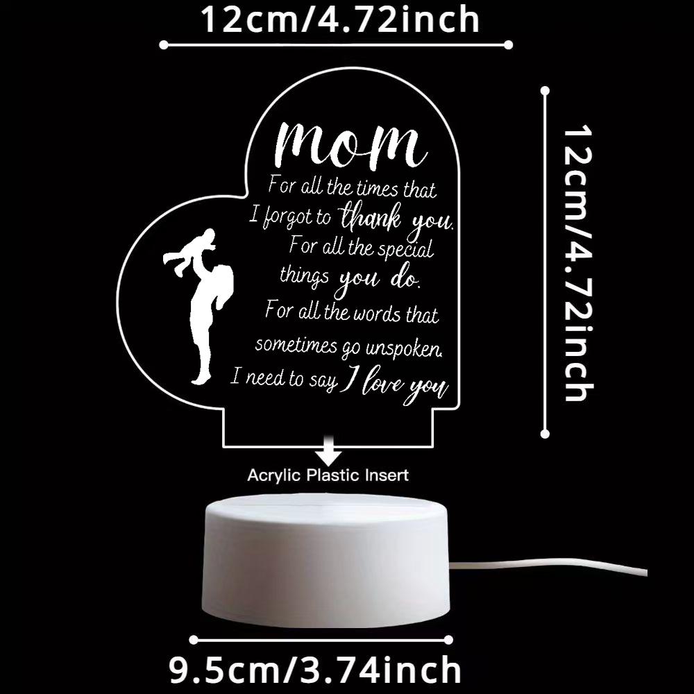 Mom Thank You Heart 2D Acrylic LED Night Light, Warm White USB Bedside Lamp, Mother's Day Birthday Gift for Mom, Bedroom Home Decor