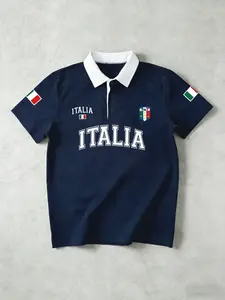 Men's Contrast Collar Polo Shirt - Italia Graphic with National Emblem & Flag Short Sleeve Top, Breathable Cotton Blend Fabric, Retro Preppy Style, Ideal for Soccer Games, Italian Themed Events, Casual Hangouts & Daily Wear, Stylish Polo for Soccer Fans,