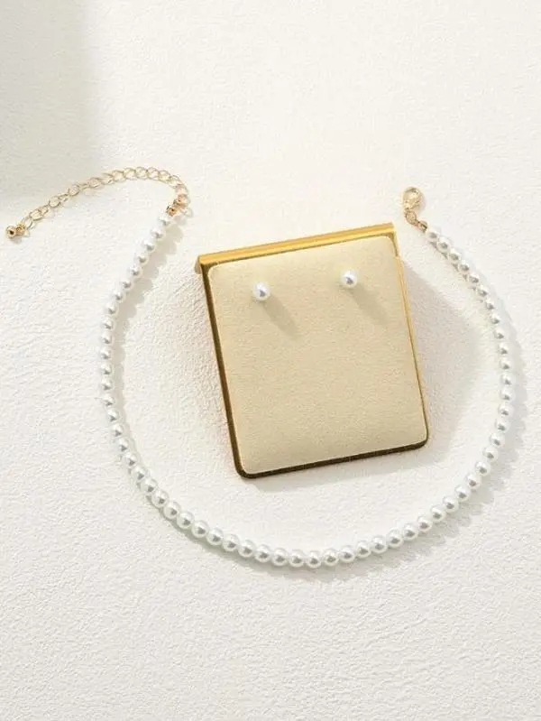 Women's Elegant Minimalist Bead Pearl Necklace and Earrings Jewelry Set - Female Everyday Daily Costume Fashion Accessory