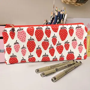 Strawberry Pattern Pencil Case with Zipper, Student Stationery Bag, Pencil Box, School Supplies Organizer, Back-To-School Gift