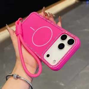 for Magsafe Glitter Diamond Lanyard Case for iPhone 15 16 17 Pro Max Air 14 Plus 11 12 13 Magnetic Hand Wrist Strap Soft Cover