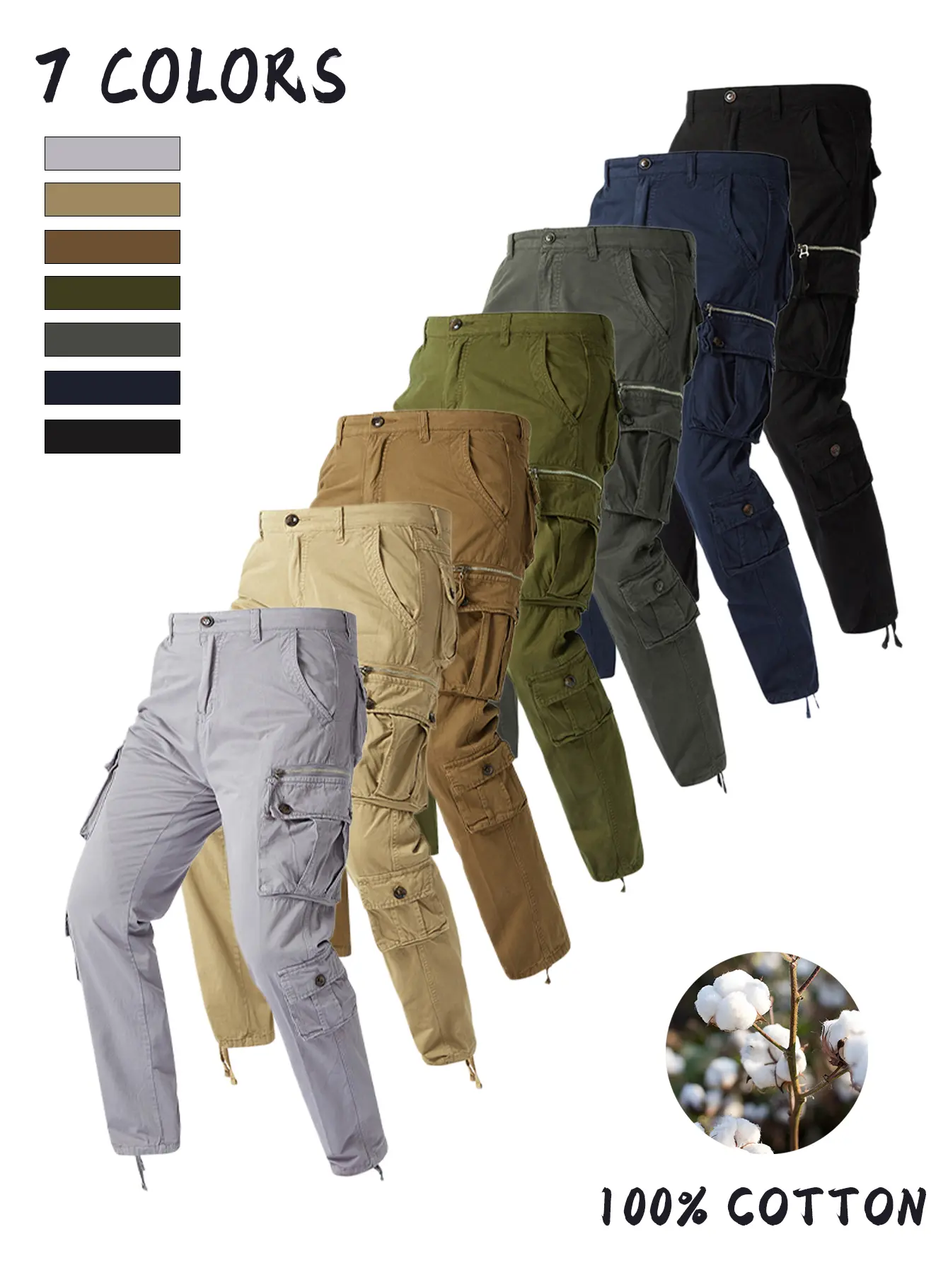Vintage Pure Cotton Functional Cargo Pants for Men – Two-Way Wear, Multiple Pockets, Commuter & Casual Workwear