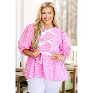 Women's Cute Peplum Trendy Blouse - Take It Easy Now Shirt, Pink Polka Dot Elastic Fabric, Flattering Tops for Women's Clothes