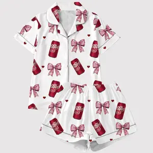 Soda Print Pajama Set Satin Sleepwear Bow Pattern Gift for Her