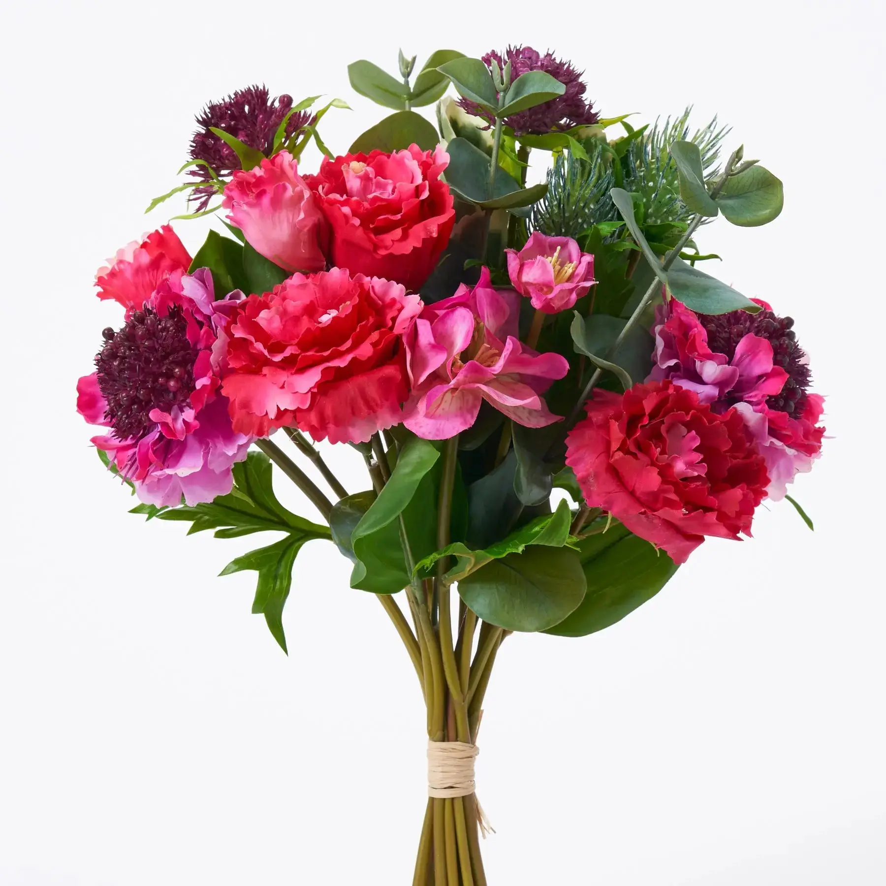 Real Touch Fuchsia Scabiosa, Lisianthus & Thistle Mixed Bundle Bouquet of 11 Stems - 12"