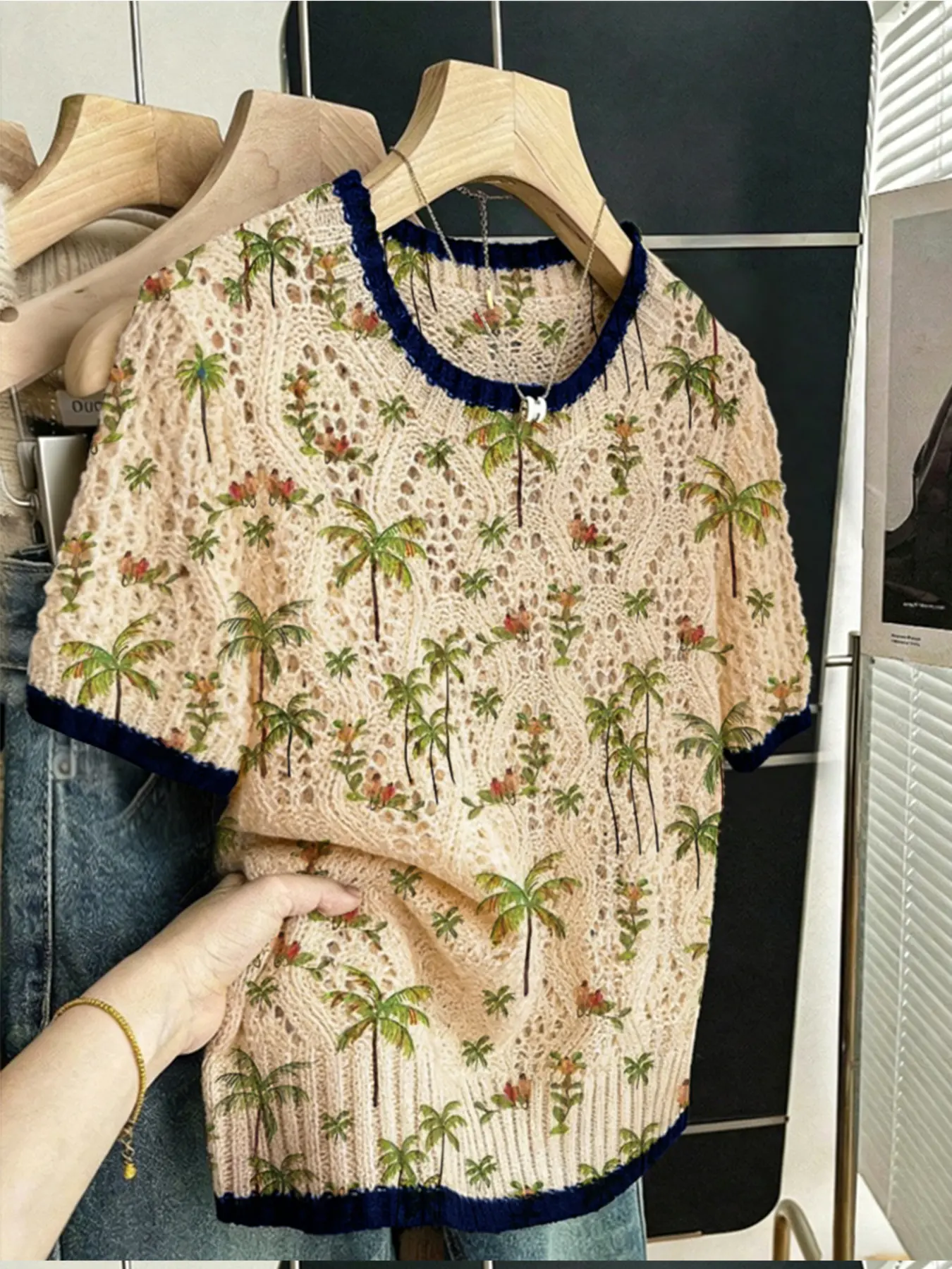 Women's Boho Colorblock Tropical Plant Palm Tree Print Sweater, Round Neck Short Sleeve Knit Top, Casual Breathable Knitted Pullover, Knitwear, Bohemian Womenswear
