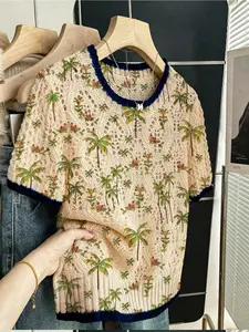 Women's Boho Colorblock Tropical Plant Palm Tree Print Sweater, Round Neck Short Sleeve Knit Top, Casual Breathable Knitted Pullover, Knitwear, Bohemian Womenswear