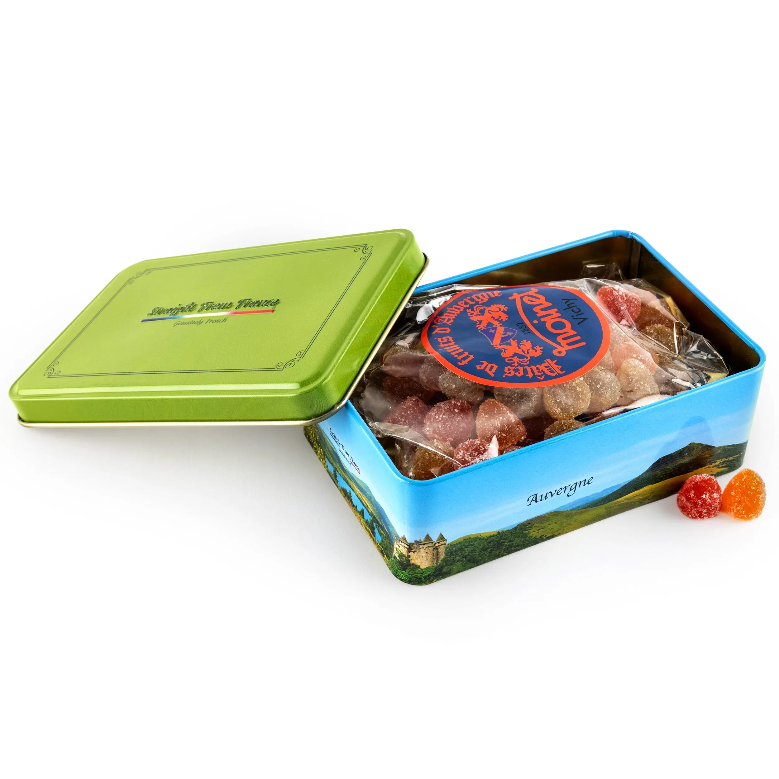 Straight from France Genuinely French Traditional Natural Assorted Mini Fruit Jellies - 5 Varieties (Lemon Included), Auvergne Themed 7 Oz Candy Gift Tin, Soft Sweet Gummy Snack, Jelly, Set, Birthday, Grapefruit