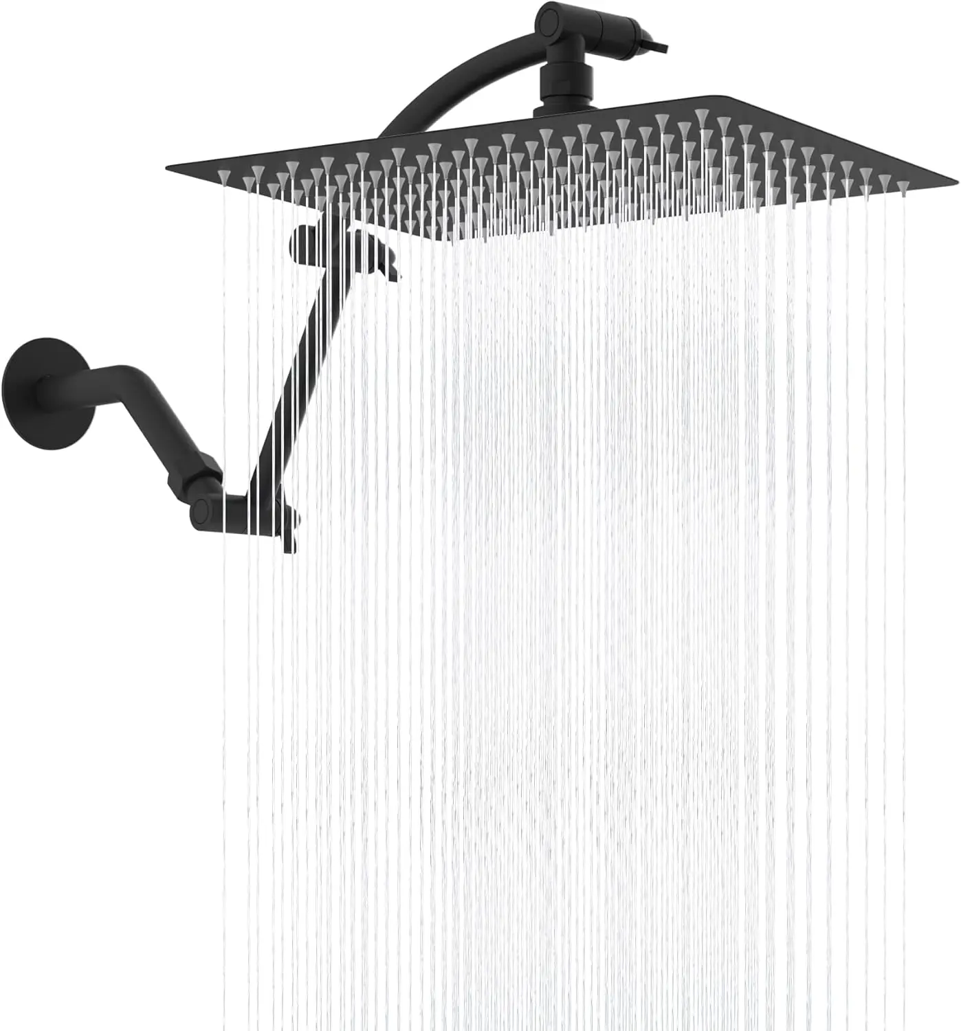 All Metal Rain Shower , 12'' High  Rainfall Showerhead with 16" Shower  Extension Arm, Solid Brass Adjustable Shower Arm Extender, Waterfall fixed Showerheads, Matte Black