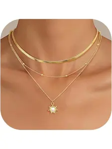 Layered Necklace for Women, 14k Gold Plated Pendant, Elegant Dainty Gold Chain, Trendy Jewelry, All Seasons