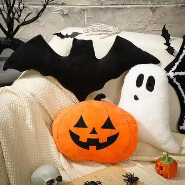 3-Piece Halloween Plush Velvet Throw Pillows - Pumpkin Shape, Ghost, Bat Designs, Soft Texture, Solid Fill, Decorative Cushions for Couch, Festive Holiday Accents