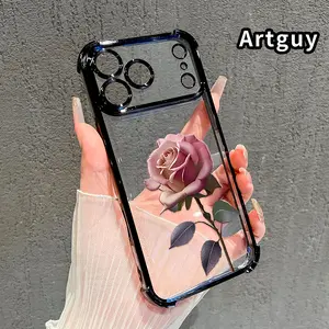 Rose Elegance Pattern Four Corner Anti-Fall Phone Case Transparent Electroplated Protective Cover for iPhone 17 Pro Max Air 16 15 Plus 14 13 12 11 E