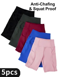 5pcs High-Waisted Sports Shorts with Shaping Belt and Pockets, Solid Color, Medium Stretch, Slim Fit, Summer Knit Fabric, Soft  Short , Adult