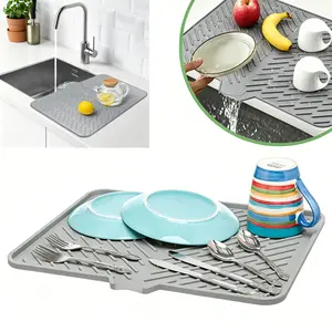 Silicone Large Size Dish Drying Mat with Built-in Drain Lip Dish Drainer Mats for Kitchen Counter Easy-Clean High Temperature Resistance Coasters