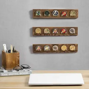 Brown Wood Wall Mounted Challenge Coin & Casino Chip Display Rack, Set of 3
