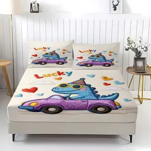 Cute dinosaur bed sheet with comfortable printed pattern, including 1 bed sheet and 2 pillowcases, comfortable bedding, anti slip dust cover suitable for bedrooms and guest rooms, suitable for children or adults as gifts