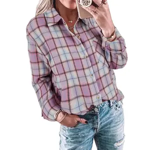 Goranbon Womens Long Sleeve Button Down Shirt Casual Plaid Flannel Shirt Collared Blouse Tops， Wine Red， XX-Large