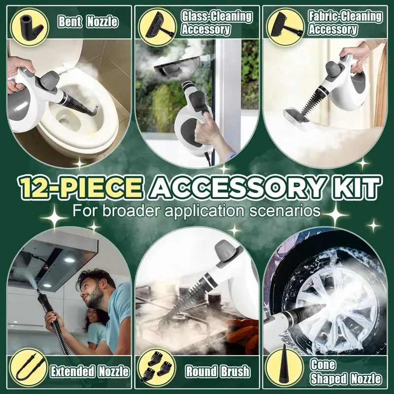 Phueut 1050W 110V Pressurized Handheld Natural Steam Deep Cleaning Machine - Compact Corded Lightweight Multi-Surface Unit for Kitchen, Cars, with 12 Replacement Parts (4 Round Brushes), Child-Safe Cap, Cleaning Supplies Compatible