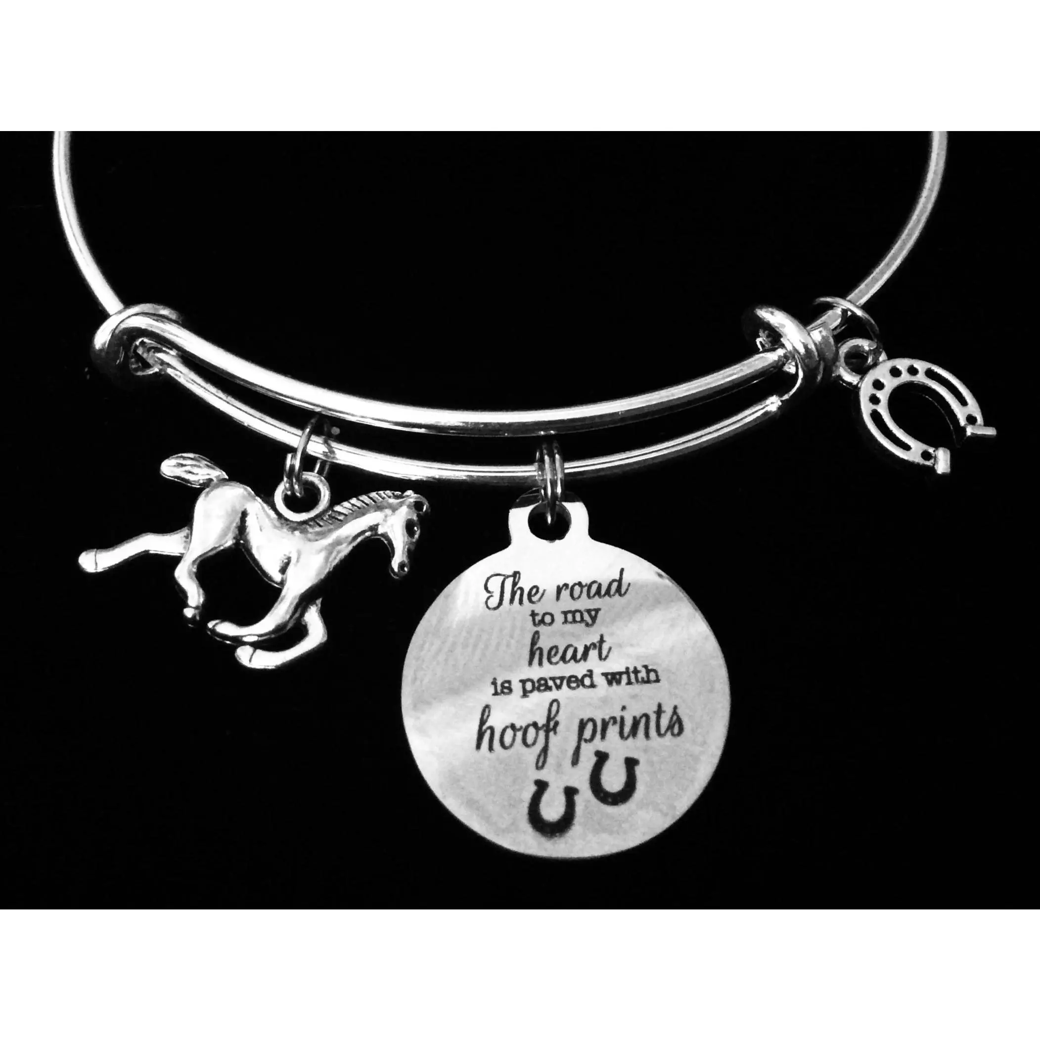 Horse Expandable Charm Bracelet Silver Adjustable Bangle One Size Fits All Gift Horse Lover Horseshoe Hoof Prints