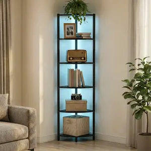 Corner Shelf with LED Lights, 6-Tier Corner Bookshelf, 66'' Organizer Book Shelf Shelves Steel Frame Display Stand with Living Room, Bedroom, Study, Black