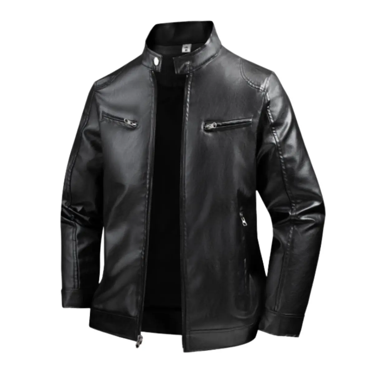 Men's Motorcycle Leather Jacket with Stand Collar, Casual Long Sleeve Biker Coat, Versatile Fashion Outerwear