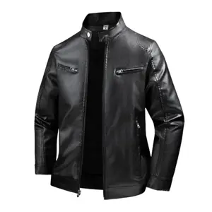 Men's Stand Collar Leather Motorcycle Jacket, Plain Fashion Menswear Tops & Coats, Casual Versatile Outerwear