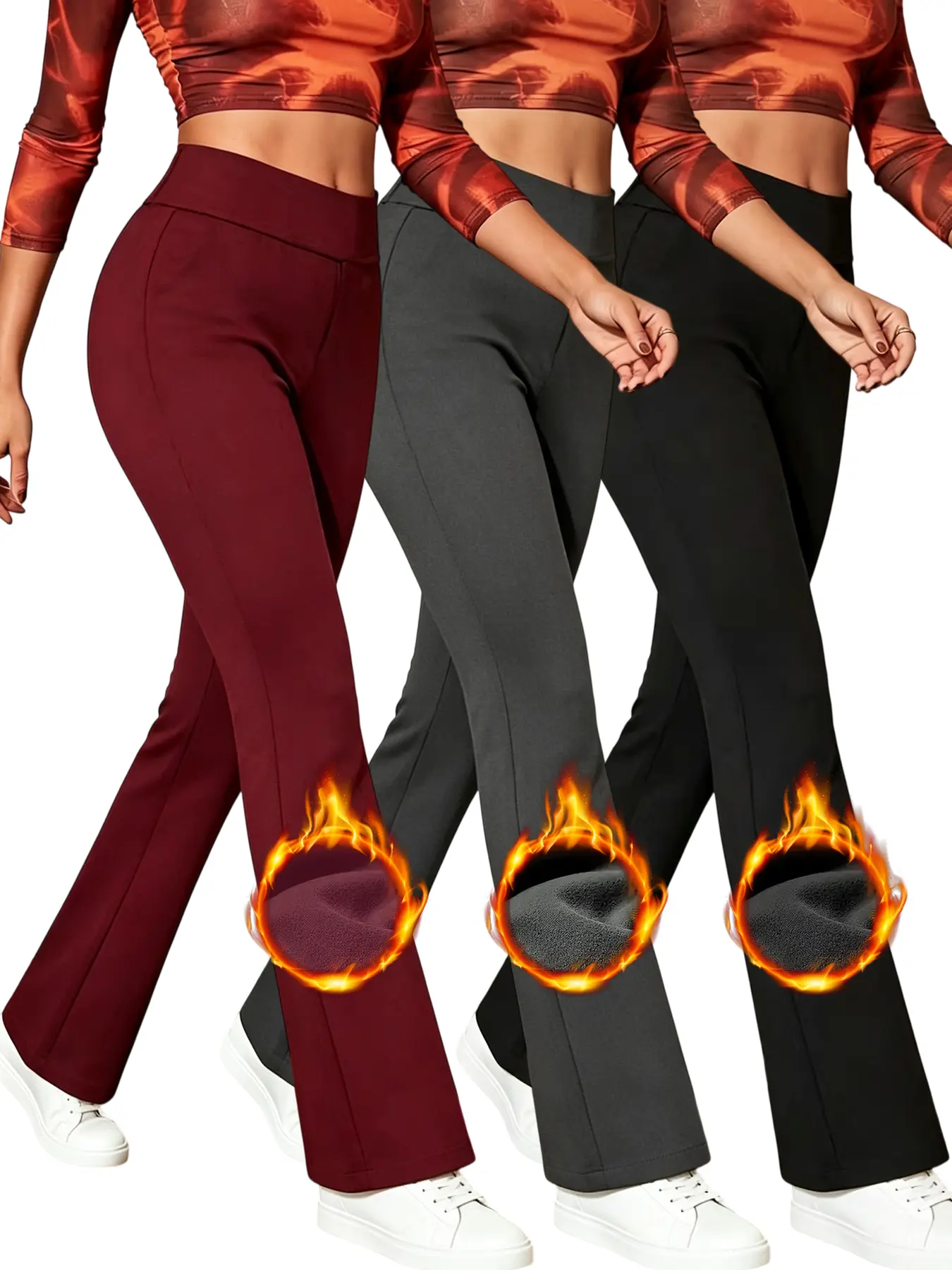 3-Pack Women's Brushed High-Waist Flared Pants – Grip-Like Sculpting Fit, Tummy Control & Butt Lift, Black/Gray/Red, Warm Fleece Lined Winter Pants
