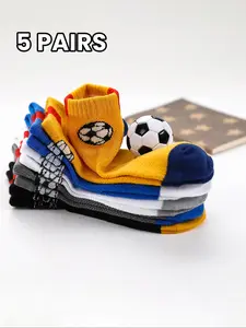 Boys' Cartoon Football Pattern Socks, Comfortable Breathable Soft Short Socks, Casual Stylish Socks, Perfect for Children Outdoor Wear, 5 Pairs