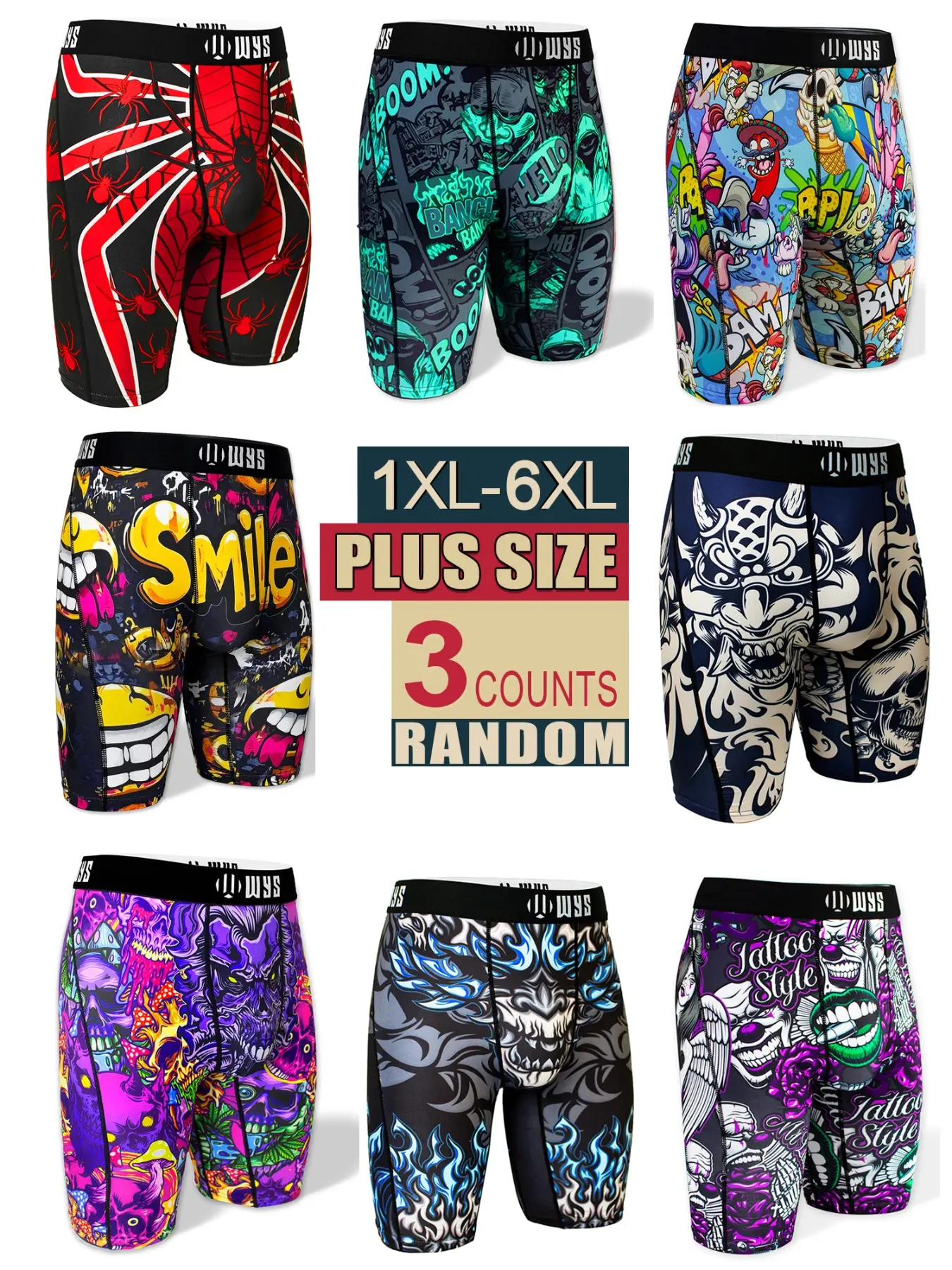 Men's Plus Size Random Sports Boxer Briefs (3pcs), Breathable Sporty Underwear, Athletic Underwear for Workout, Gym & Fitness, Moisture-Wicking & Quick-Dry Boxers for All Seasons, Spider Print, Elastic Waist